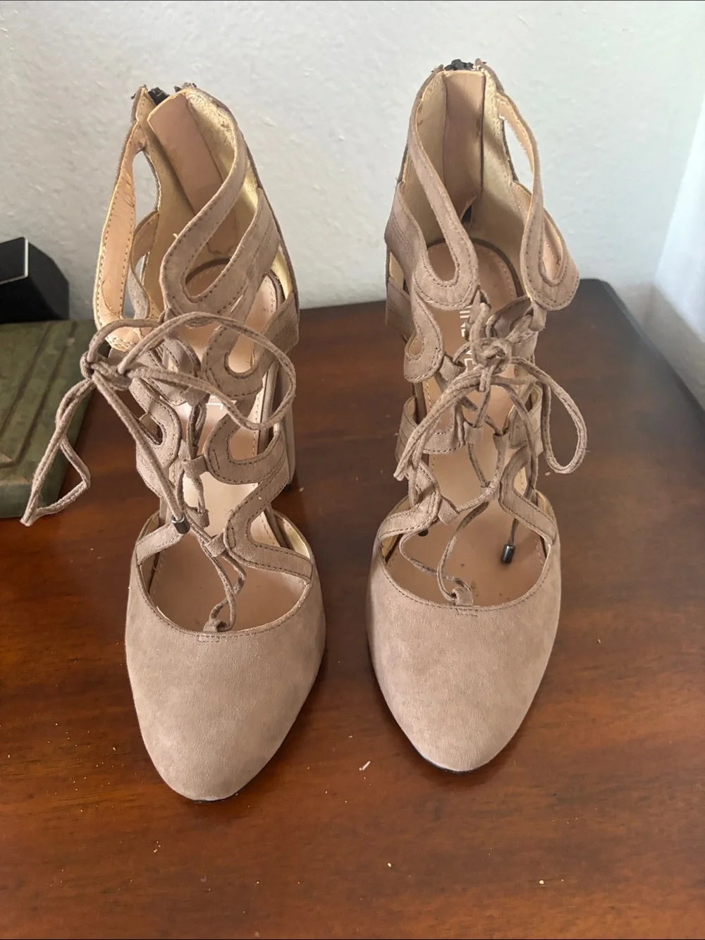 Nine West Taupe Suede Lace-Up Cutout Heels